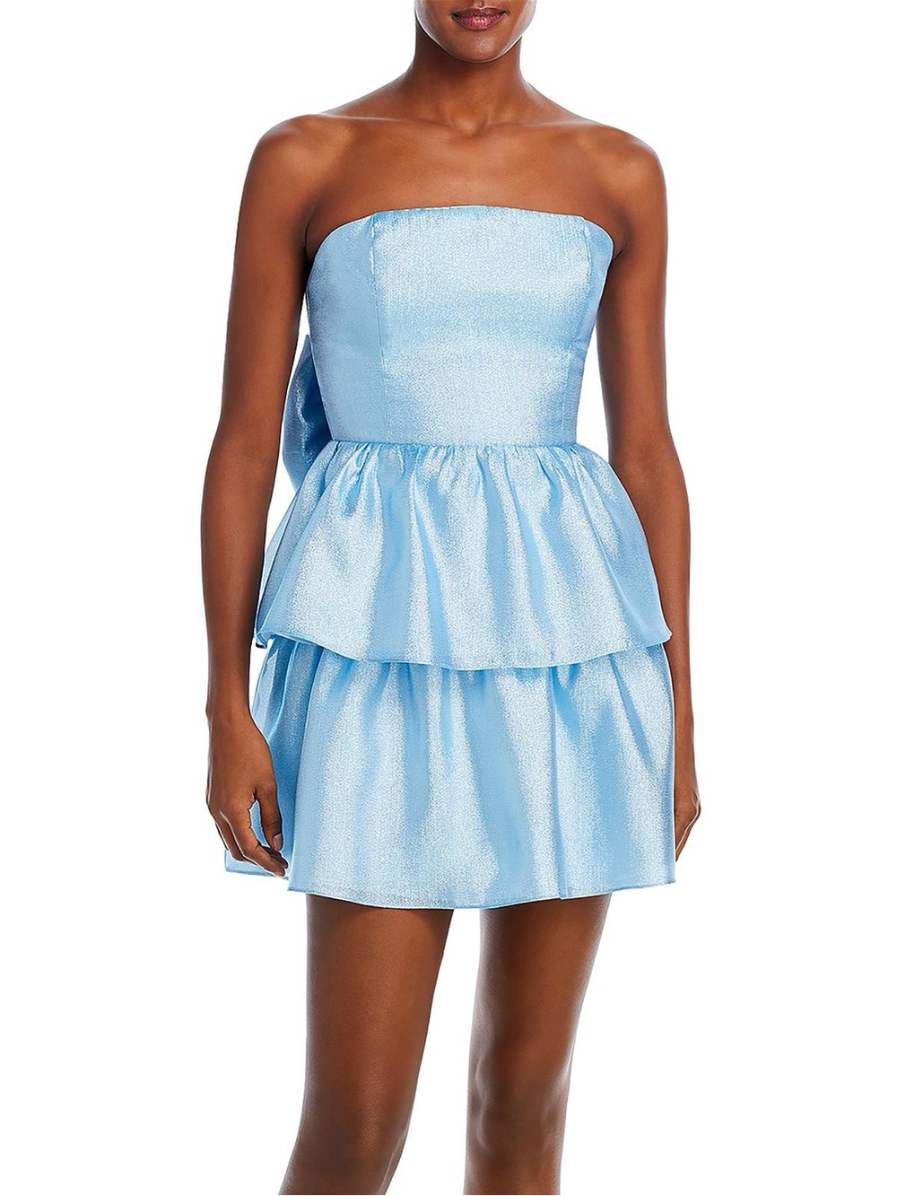 Amanda Uprichard Shimmer Ice Blue Bow Back Tiered Strapless Mini Dress Size M